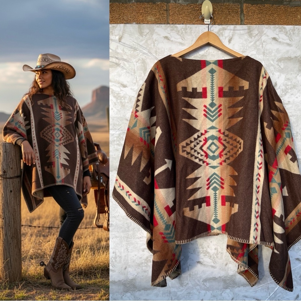 Ralph Lauren Sport Aztec Wool Poncho Boho Western Blanket Wrap Cape Made in USA